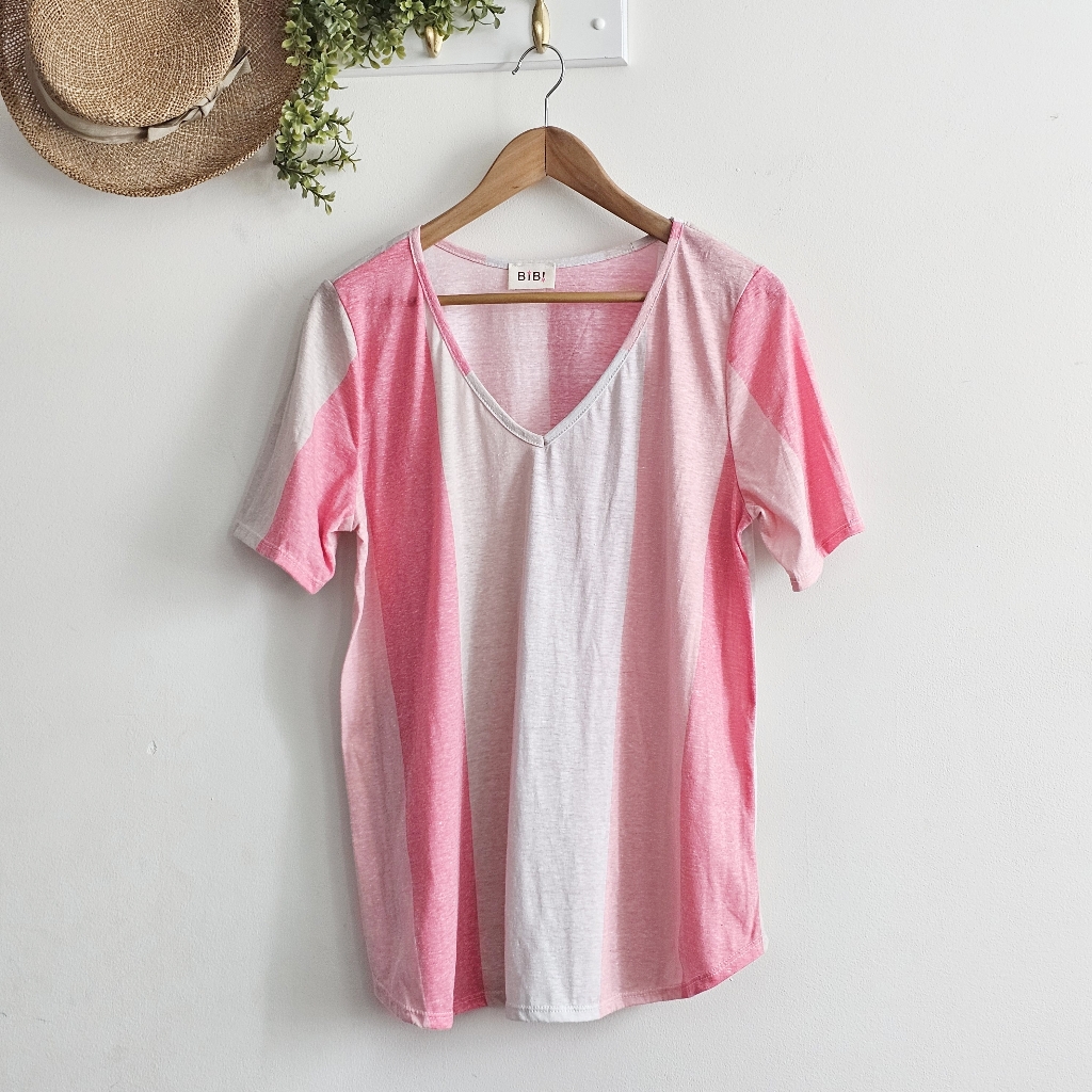 Bibi Pink White Striped V Neck Top Large Made Usa Colorblock Short Sleeve Tee